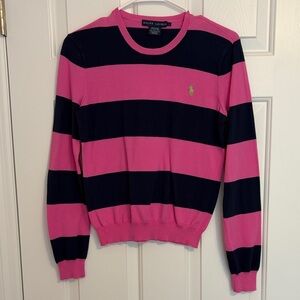 Ralph Lauren Pink Navy Striped Pima Cotton Crew Neck Sweater Size Large